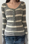 Cable Knit Striped Square Neck Sweet Sweater