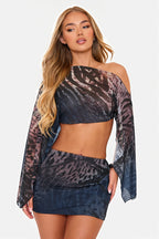 Tiger Print Mesh Off Shoulder Skirt Set