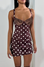 Polka Dot Spaghetti Strap V-Neck Ruffle A-Line Lace Mini Dress