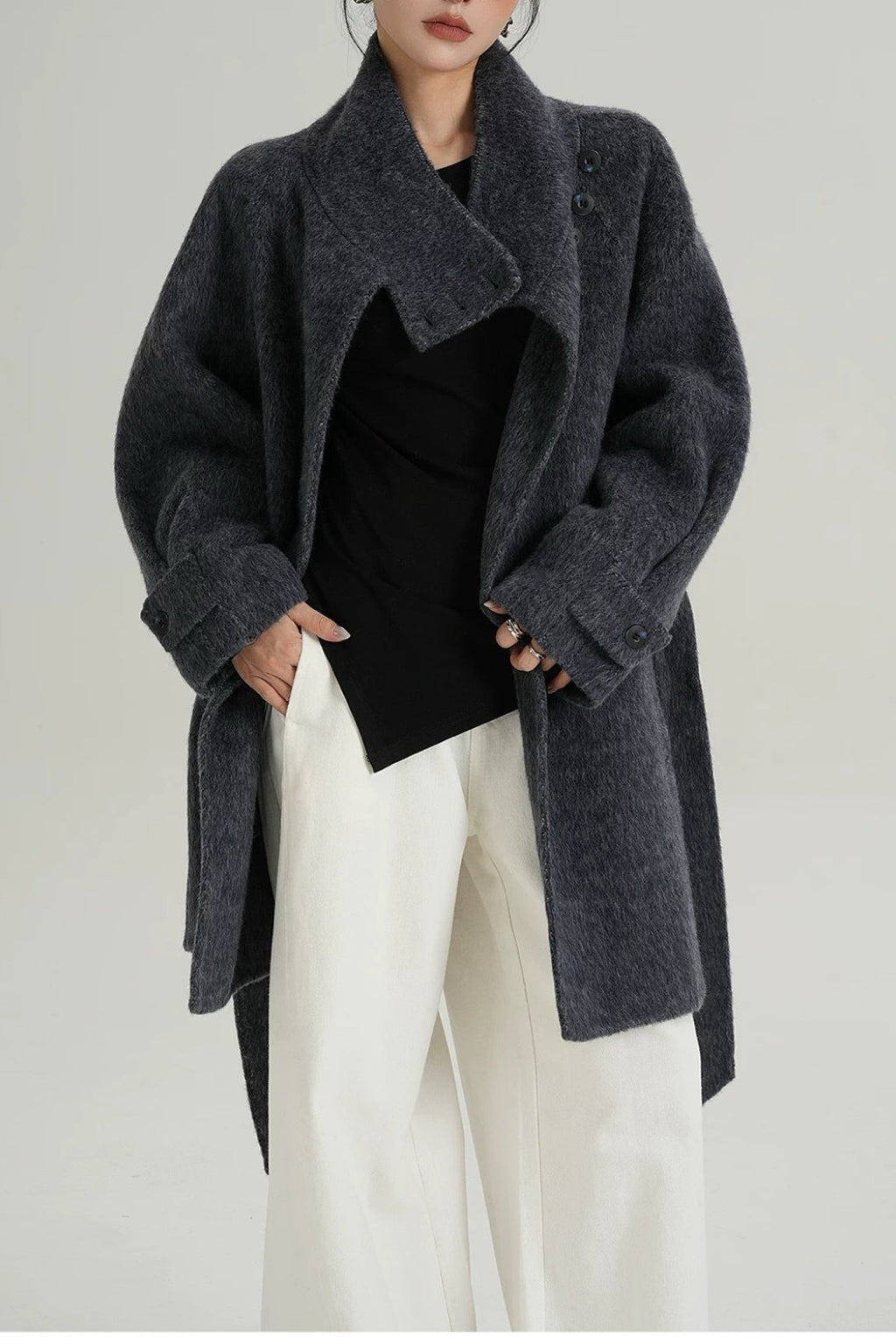Solid Wool Warm Loose Mock-Neck Coat