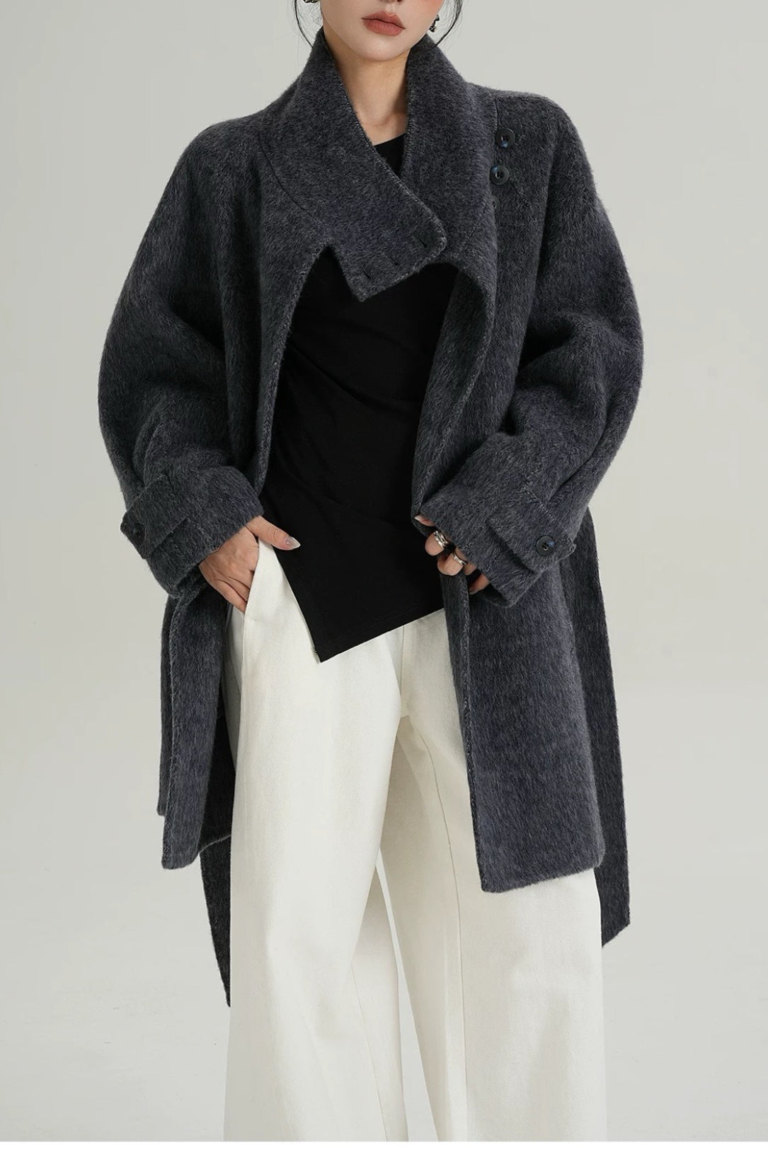 Solid Wool Warm Loose Mock-Neck Coat