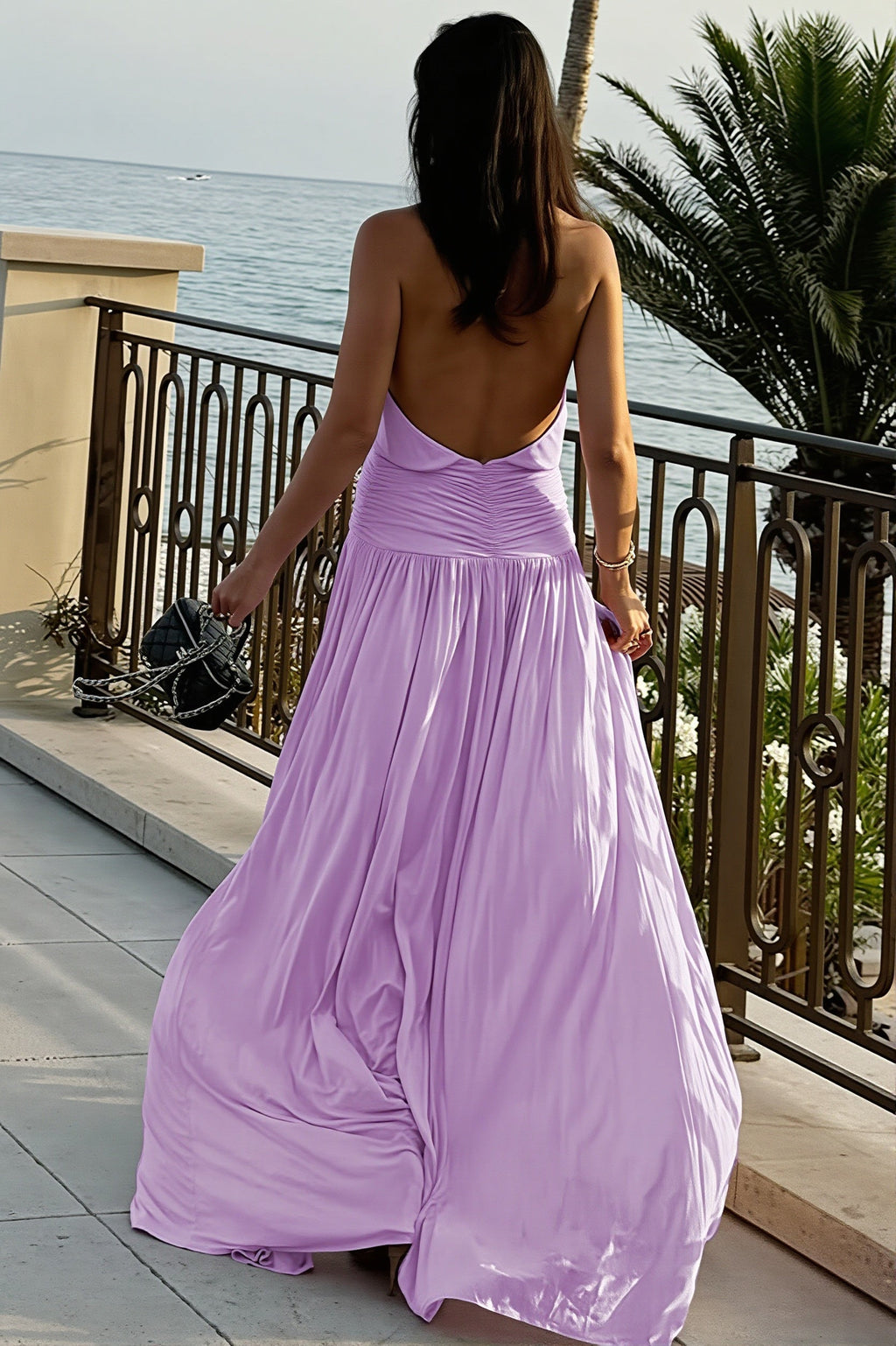 Solid Ruched Halter Backless Side Slit Maxi Dress