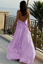 Solid Ruched Halter Backless Side Slit Maxi Dress