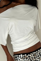 Solid Off Shoulder Shirred Waist T-Shirt