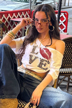 Street Style Leopard Letter Print V Neck Crop Top T-Shirt
