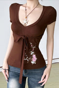 Vintage Floral Embroidery Tie Waist V Neck T-Shirt