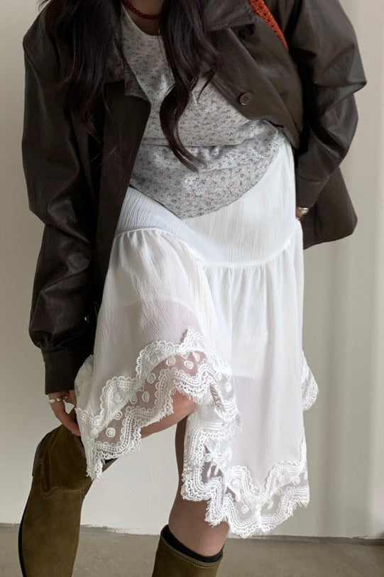 Elegant Asymmetrical Lace Panel Midi Skirt