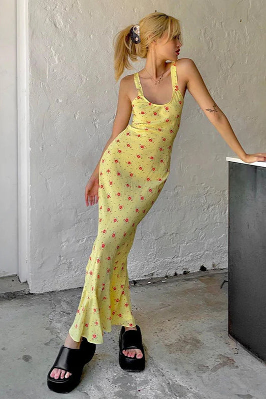 Floral Print Suspender Dress Long Fishtail Maxi
