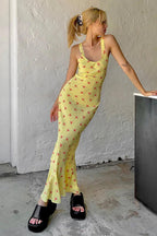 Floral Print Suspender Dress Long Fishtail Maxi