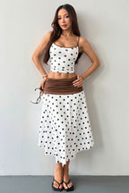 Polka Dot Tie Back Crop Top Two Tone Skirt Sets
