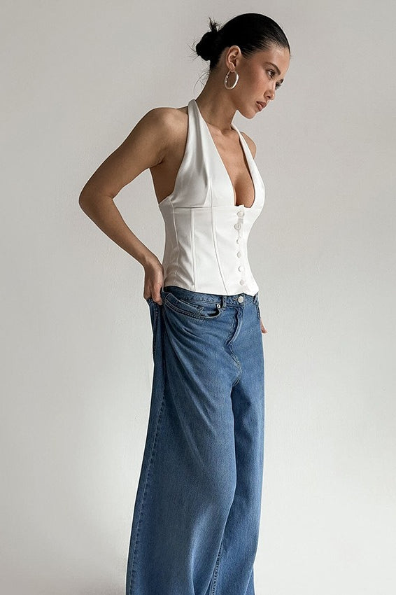 Solid Button Down Deep V Halter Top