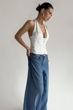 Solid Button Down Deep V Halter Top