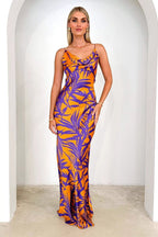 Purple Floral Print V-Neck Slim Maxi Dress