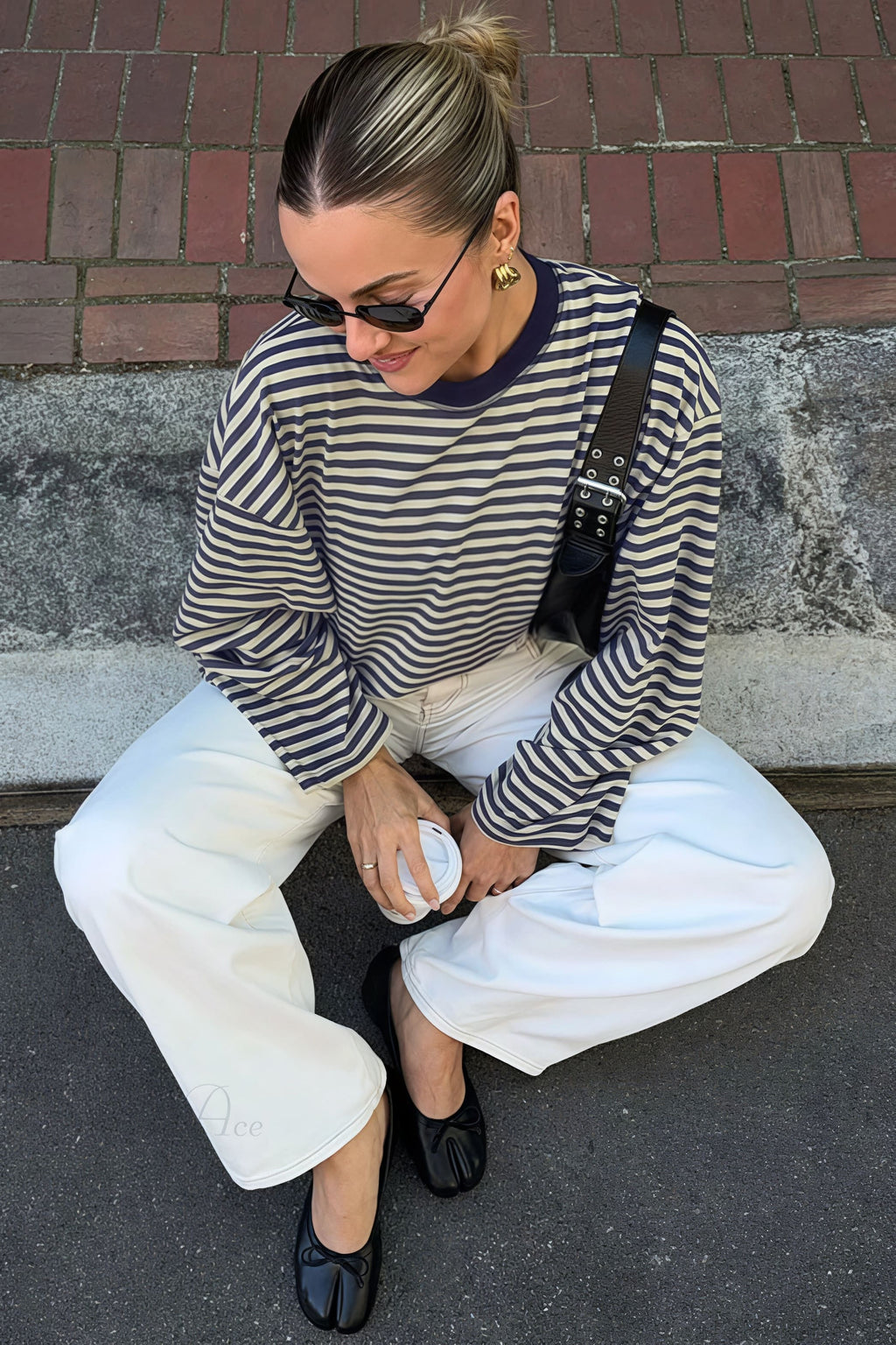 Striped Color Block Crew Neck Loose Long Sleeve Tee