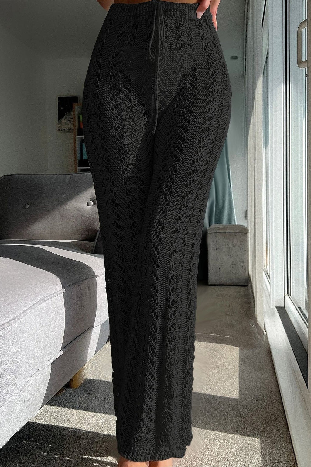 Vacation Knit Hollow Out Tie Flared Pants