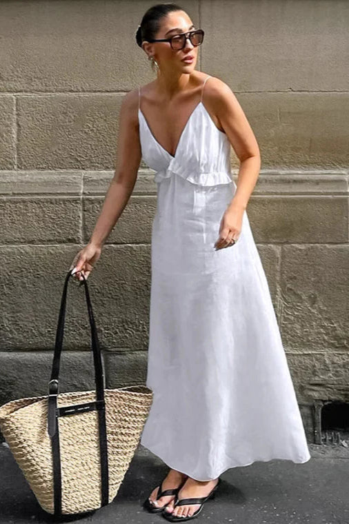 White Cotton Linen V-Neck Ruffle Loose Maxi Dress