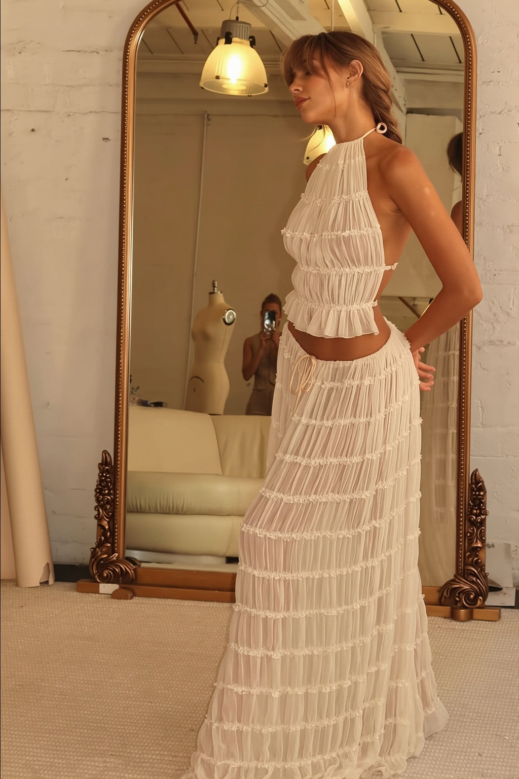 Lace Trim Halter Open Back Ruched Skirt Sets