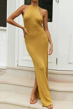 Knit Halter Slit Open Back Maxi Vacation Dress