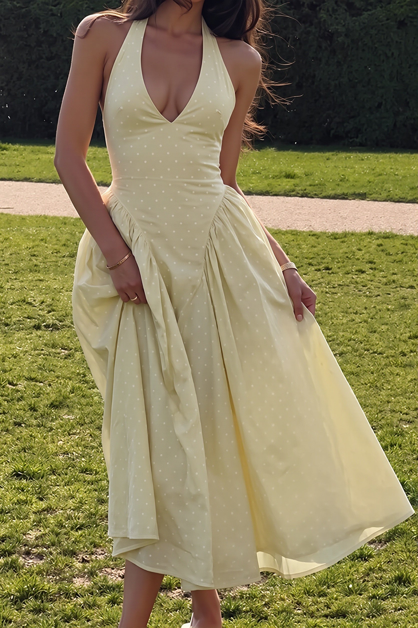Polka Dot Halter Deep V High Rise Maxi Dress