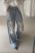 Lace Patchwork Ripped Loose Jeans