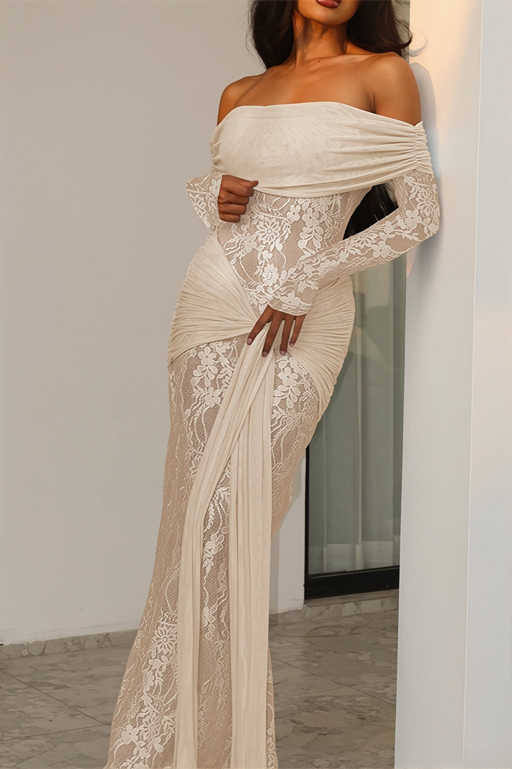 Lace Trim Off Shoulder Long Sleeve Wrap Maxi Dress