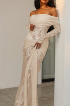 Lace Trim Off Shoulder Long Sleeve Wrap Maxi Dress
