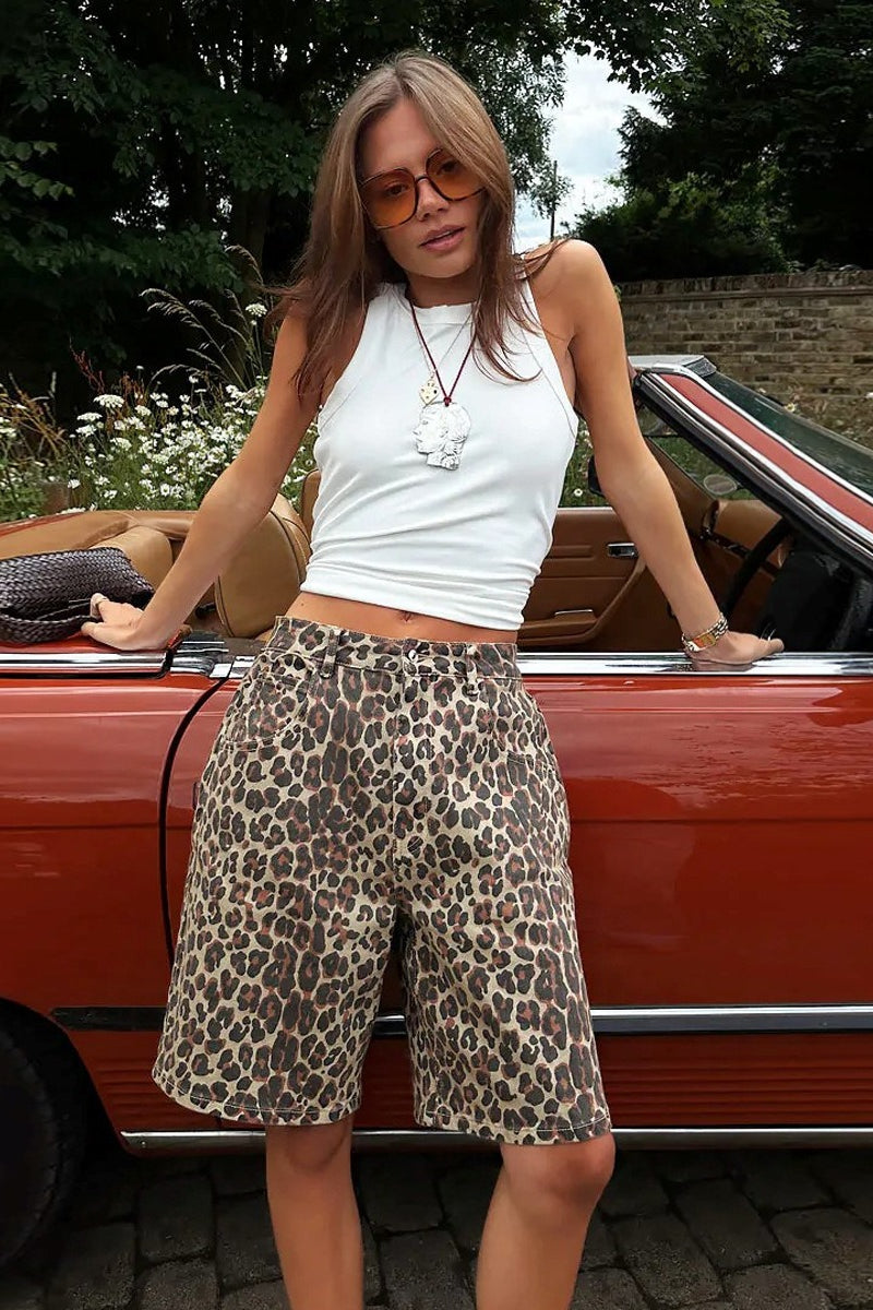 Casual Cotton Leopard Print Shorts