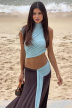 Casual Color Block Crop Skirt Set