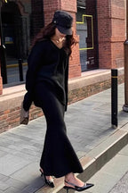 Lazy V-Neck Knit Sweater Mermaid Skirt Two Piece Set