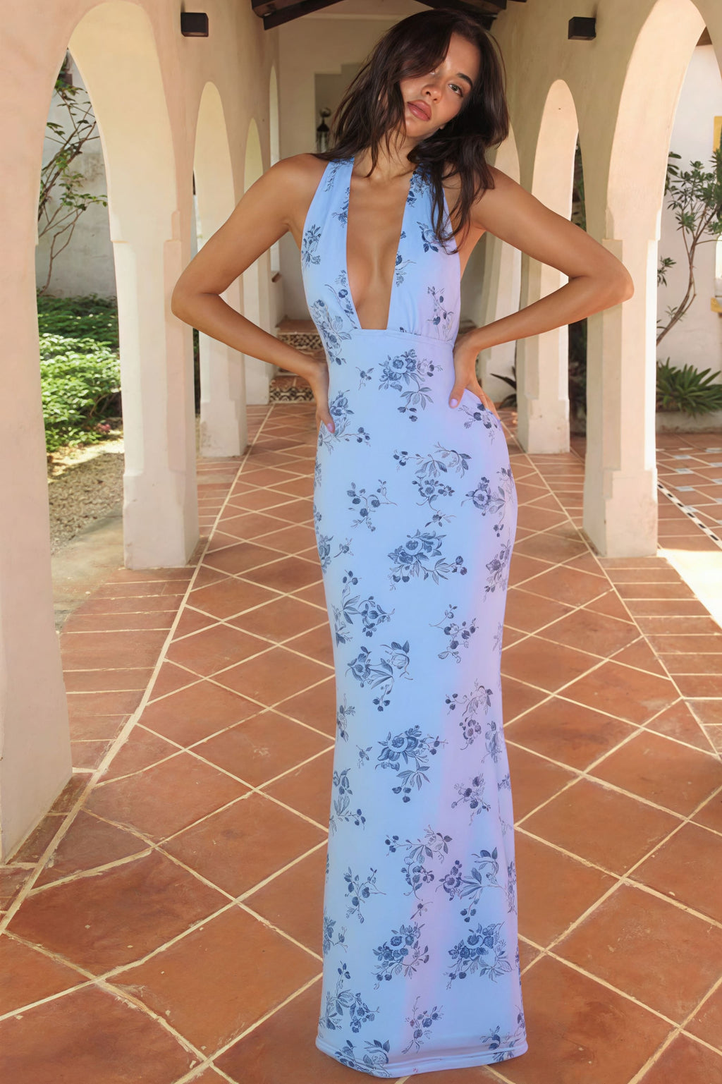 Floral Print Deep V Backless Tie Fitted Maxi Dress