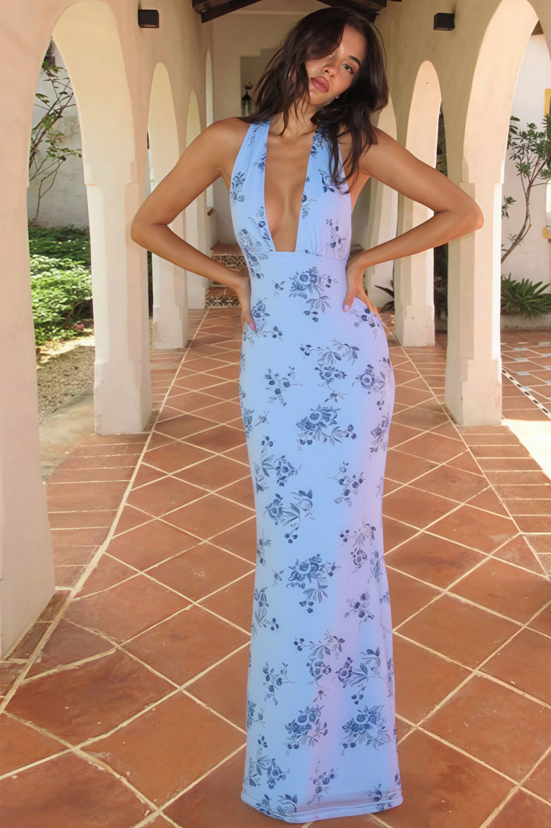 Floral Print Deep V Backless Tie Fitted Maxi Dress