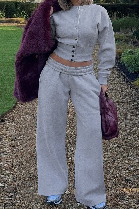 Solid Buttoned Cardigan Casual Two Piece Set