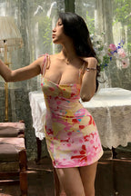 Textured Fabric Lace-Up Spaghetti Strap Print Mini Dress