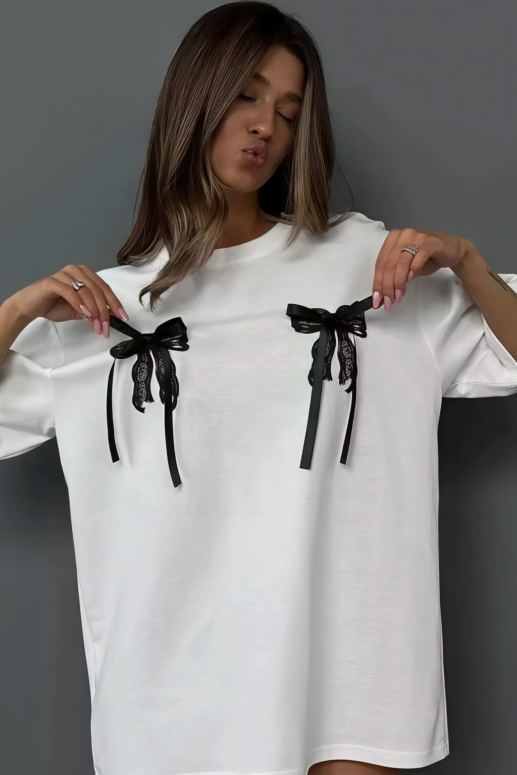 Minimalist Casual 3D Bow Lace Short Sleeve T-Shirt
