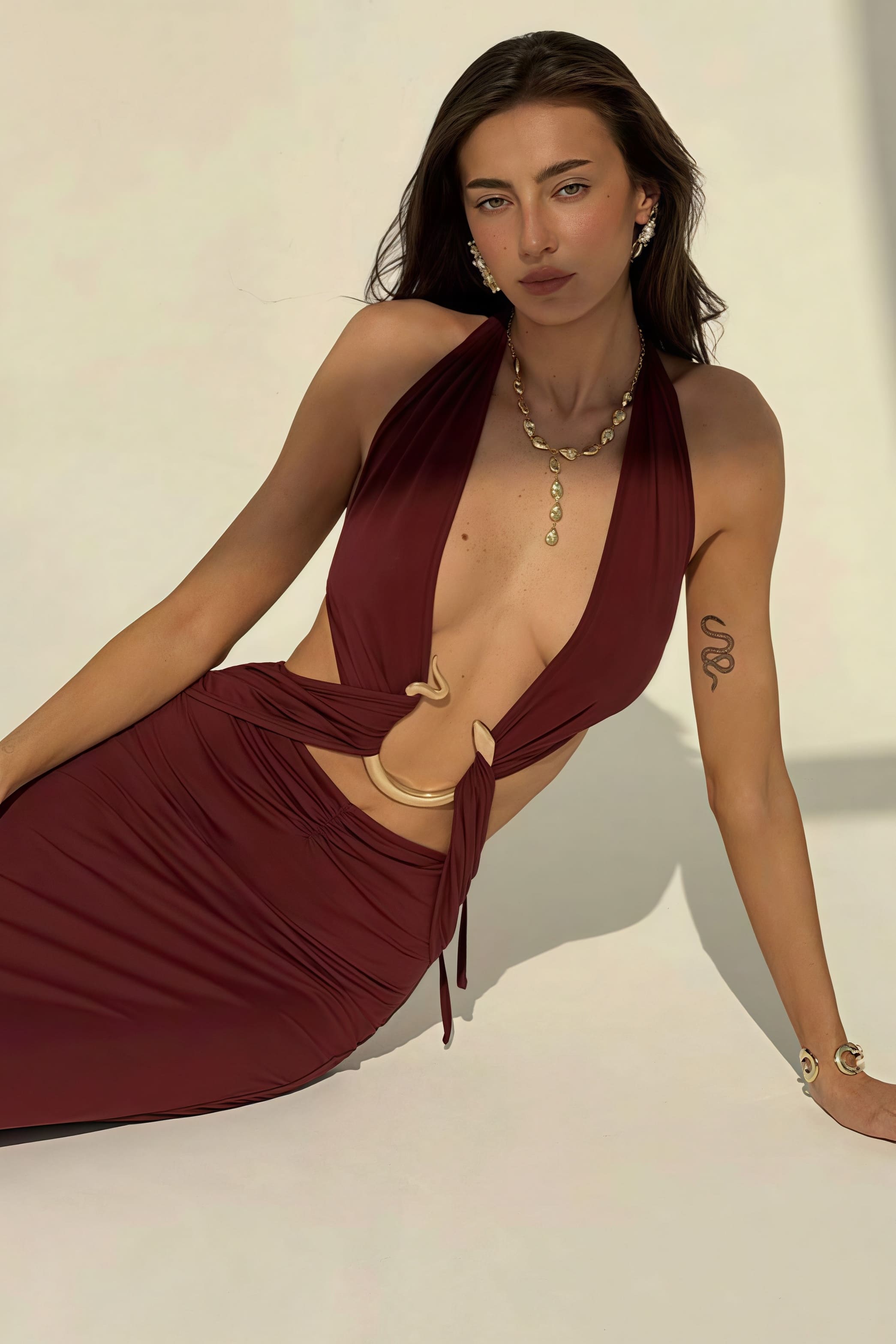 Halter Deep V Neck Backless Metal Maxi Dress