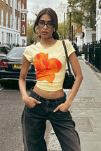Romantic Floral Print Crew Neck Slim Crop T-Shirt