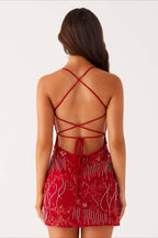 Colorful Beaded Back Tie Cocktail Dress