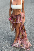 Floral Print Double Ruffle Asymmetric Skirt