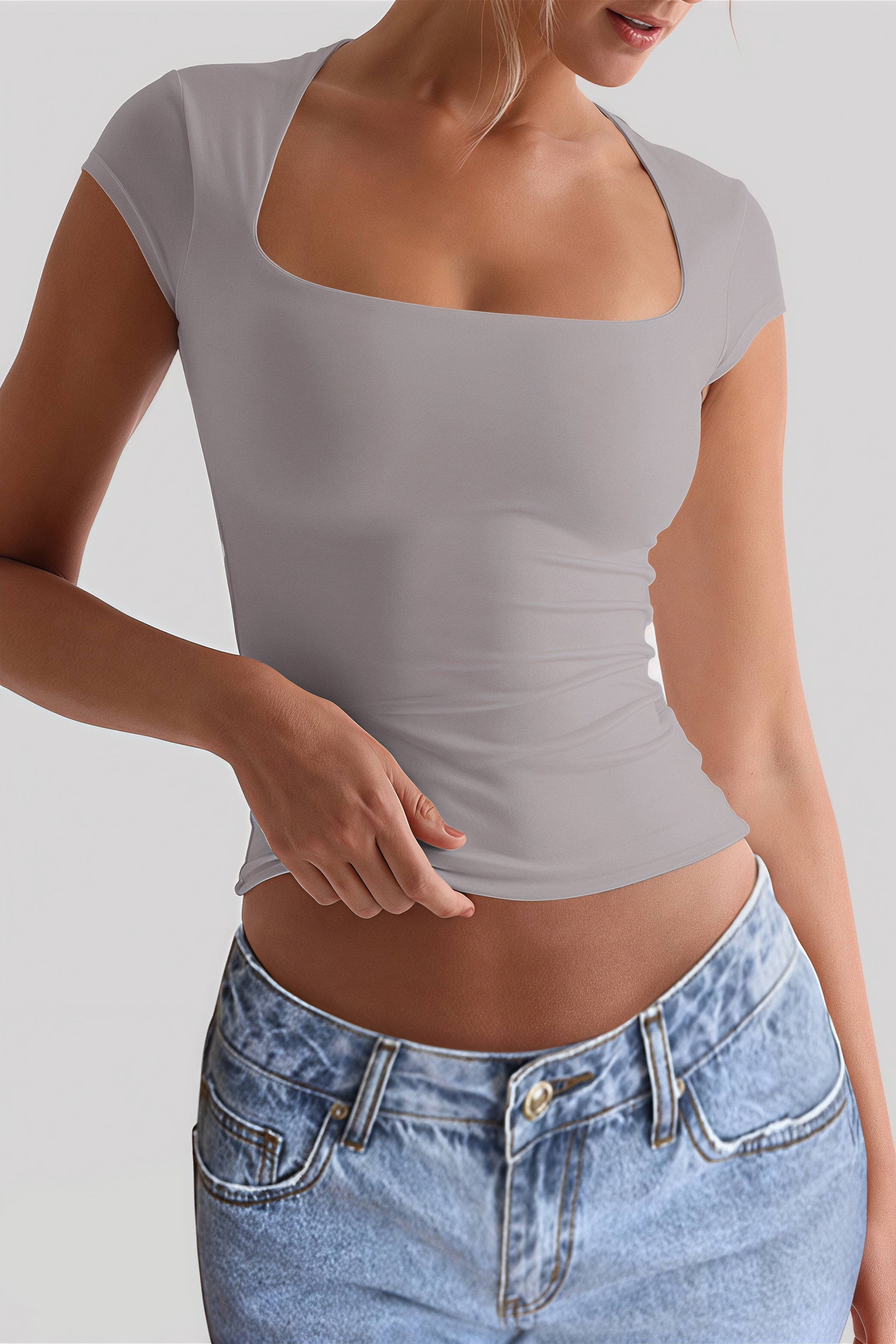 Solid U-Neck Cropped Slim T-Shirt