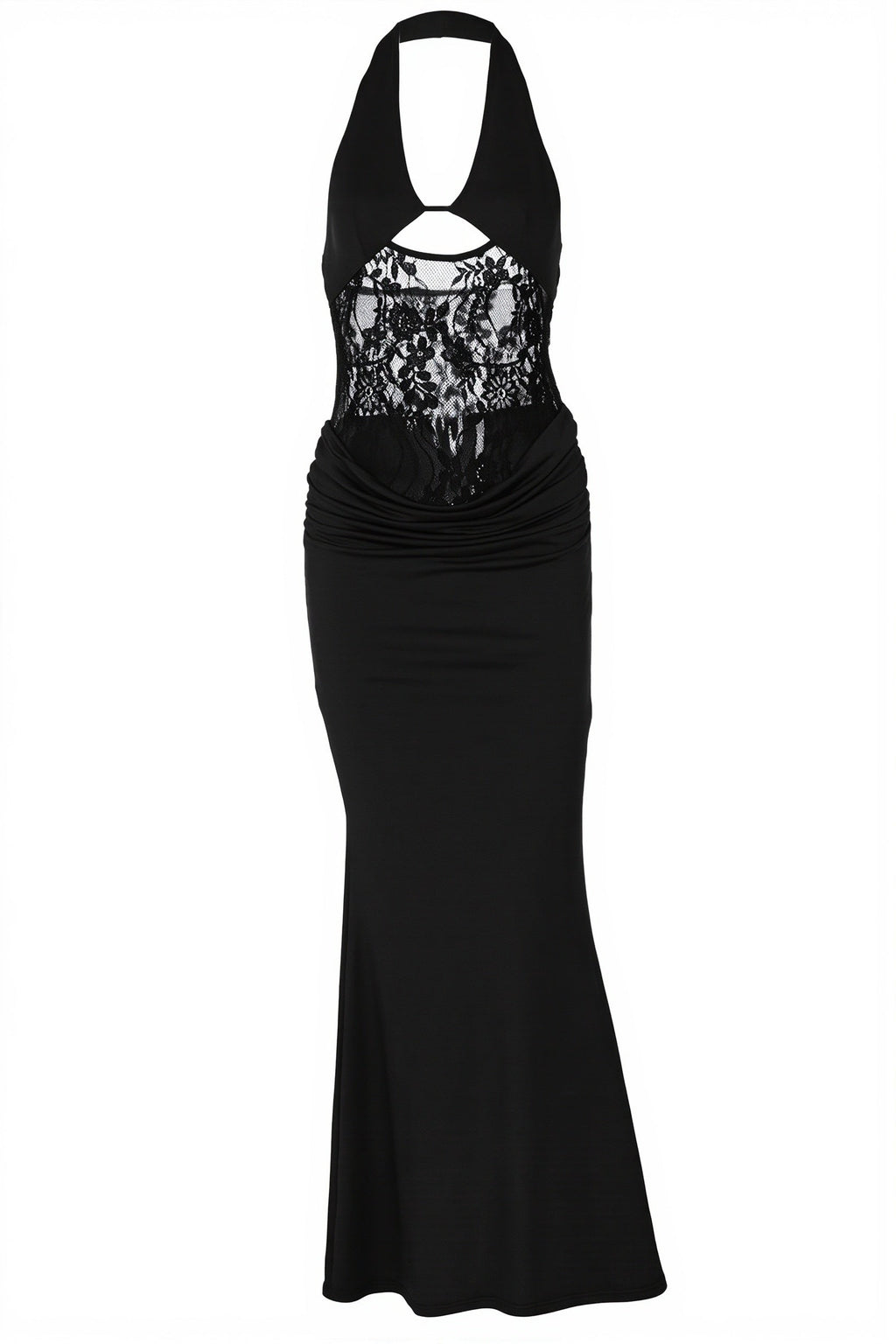Sheer Lace Halter Open Back Bodycon Maxi Dress