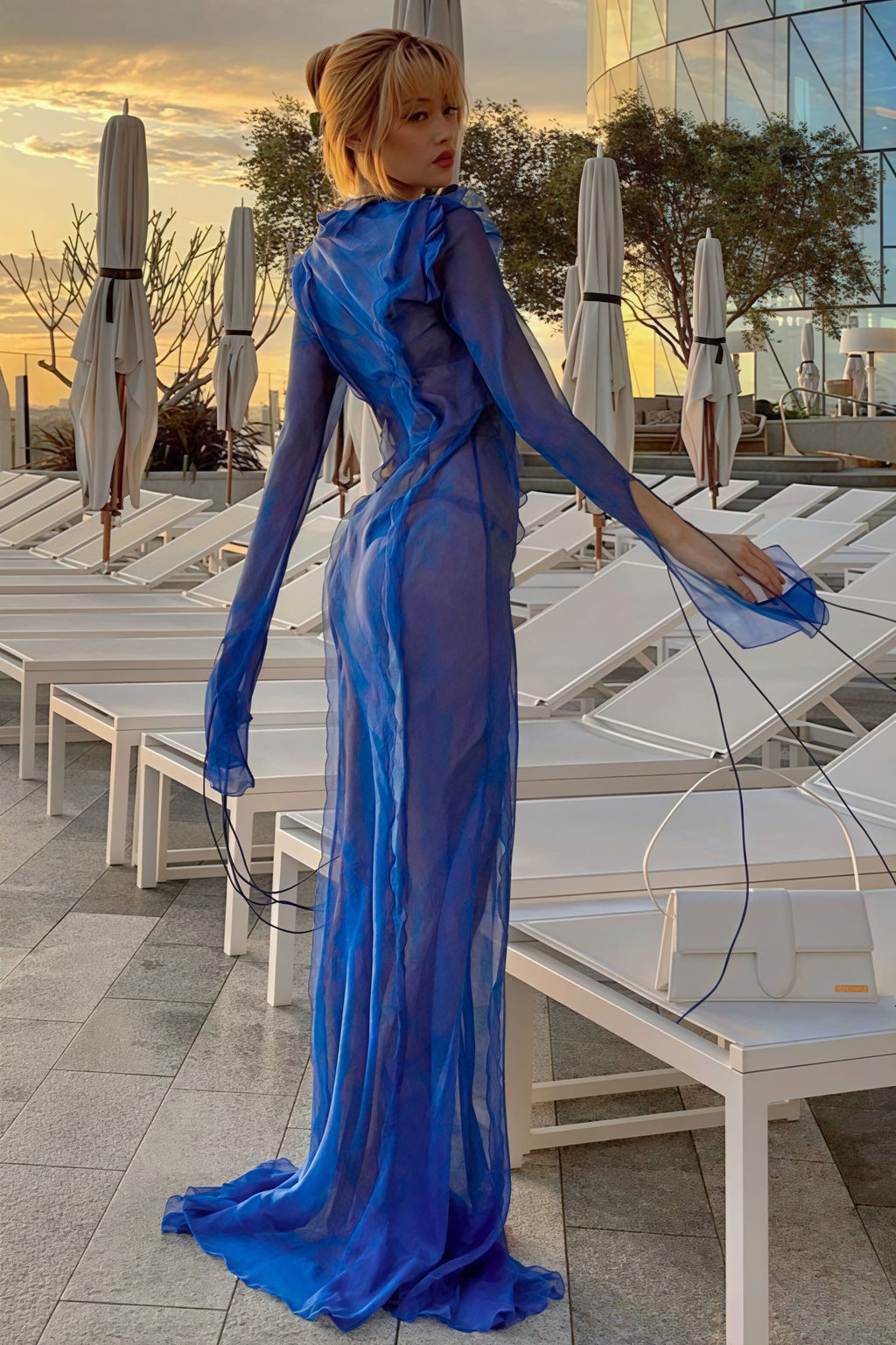 Sheer V Neck Wrap Tie Slit Maxi Dress