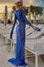 Sheer V Neck Wrap Tie Slit Maxi Dress