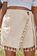Solid Lace Up Fringe Hem Short Skirt