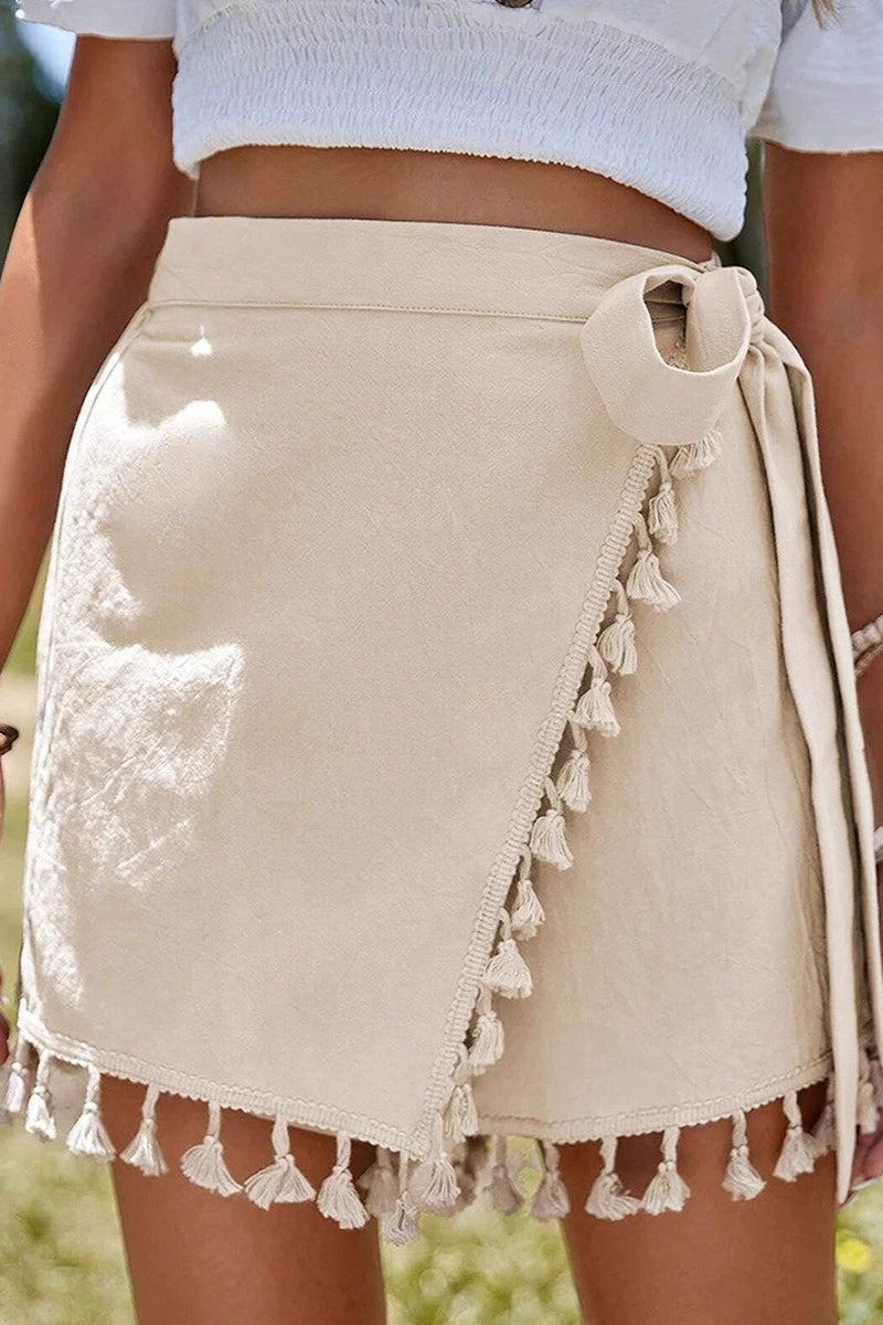 Solid Lace Up Fringe Hem Short Skirt
