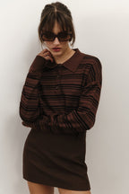 Color-Block Stripe Fitted Polo Knit Blouse