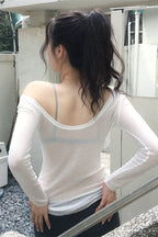 U Neck Sheer Long Sleeve Blouse
