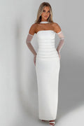 Sheer Sleeve Bustier Gown Formal Dress
