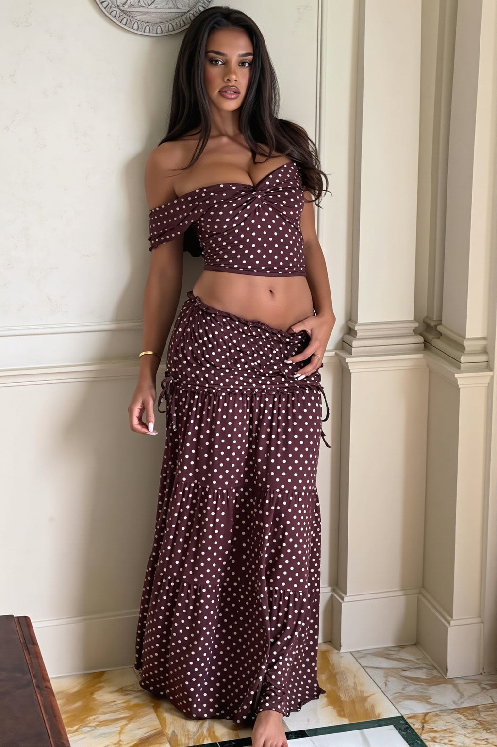 Off Shoulder Crop Top Polka Dot Fish Tail High Rise Skirt Sets