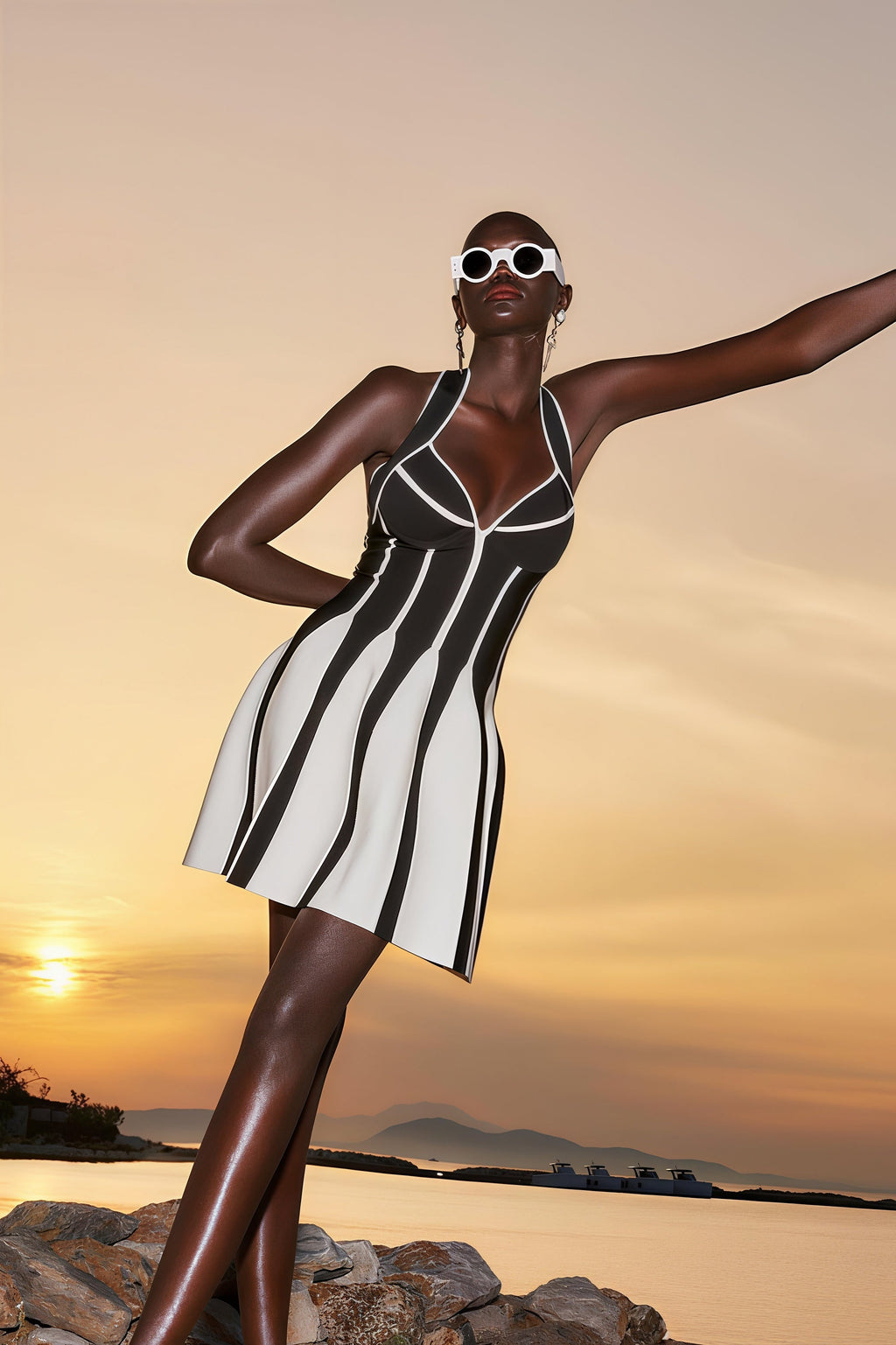 Black And White Halter Waist Cinching Bandage Vacation Mini Dress