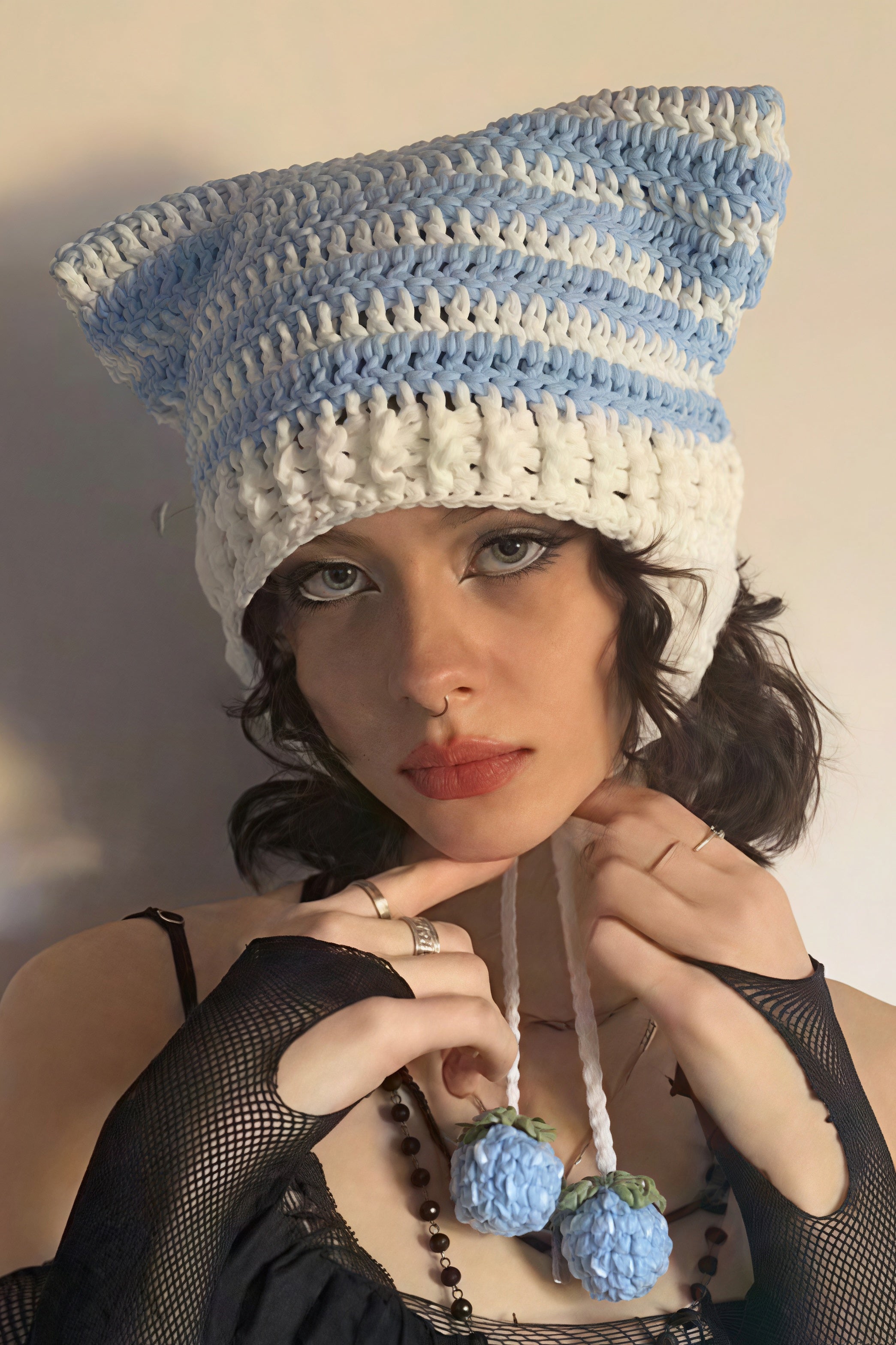 Fox Ears Color Block Striped Pom Knitted Hat